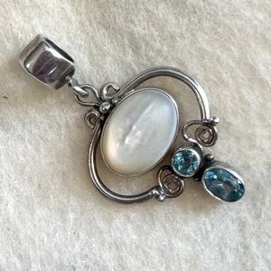 Sterling Silver Filgree Necklace Pendant with Blue Topaz & Mother of Pearl